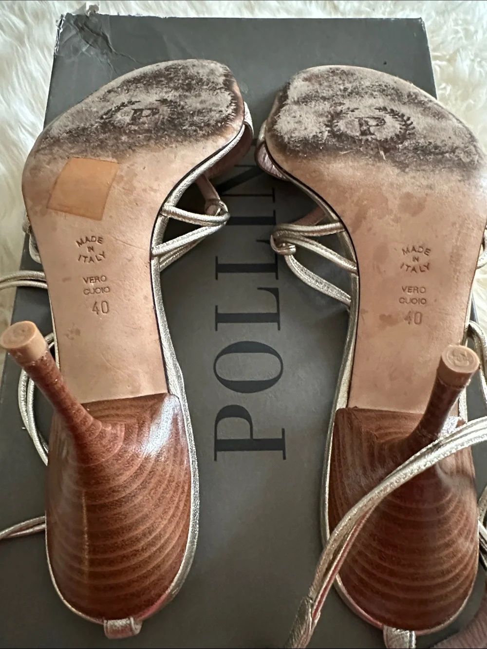 Pollini Metallic Gold Strappy Sandals with Pink Insole and Crystal Ring